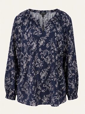 Talbots Navy & White Paisley Split Neck Blouse Long Sleeve Size M (NWT)